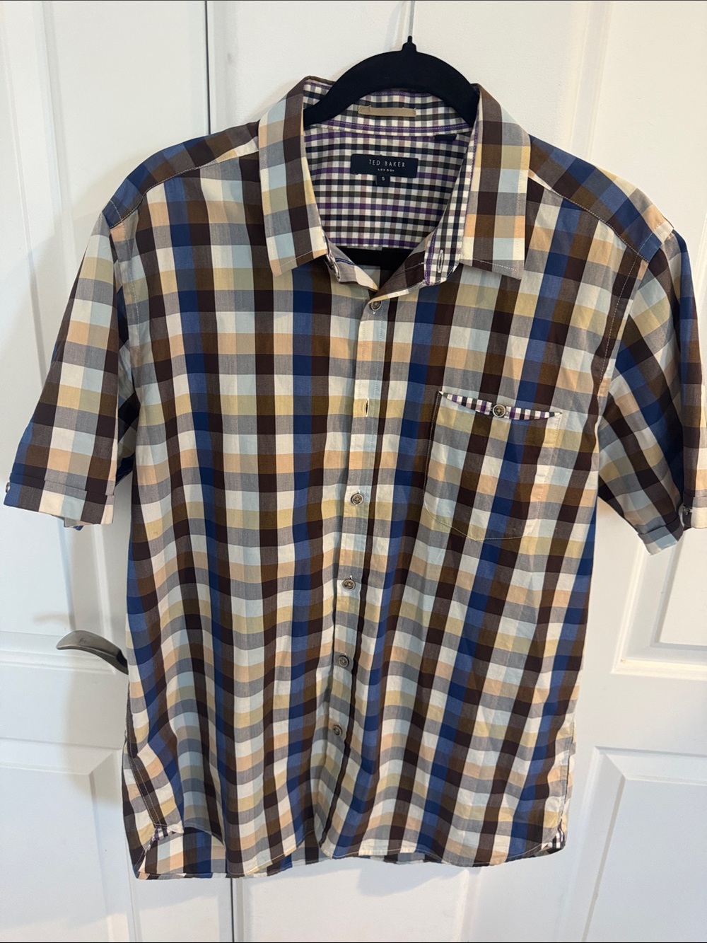 Ted Baker Men's Short-Sleeve Plaid Button-Down in Blue, Brown & Cream